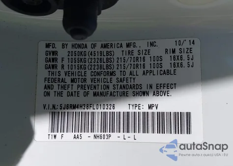 2015 Honda Cr-V Lx from USA, damaged, VIN 5J6RM4H38FL010326